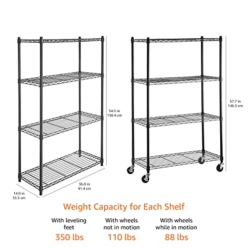 Amazon Basics 4-Shelf Heavy Duty Garage Shelving Storage Unit on 3" Wheel Casters, Adjustable Metal Wire Rack with Leveling Feet, 36" x 14" x 57.75", Black - color: Black, size: 36" L x 14" W x 57.75" H, style: 4 -Shelf