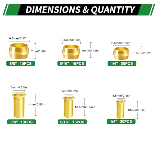 110pcs Brass Compression Sleeves Ferrules Inserts Fittings Kit | 3/8" 5/16" 1/4" 3 Sizes Air Hose Repair Kit of Air Water Fuel Oil Gas Tube Lines - color: 110PCS Brass Compression Sleeves Ferrules Inserts
