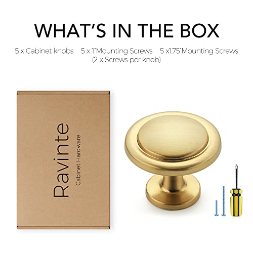 Ravinte Brushed Brass Solid Knobs Gold Kitchen Cabinet Pulls,5 Pack,Round-1 - style: Retro