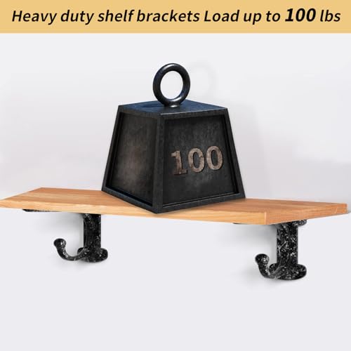 Shelf Brackets 4 Inch 2 Pack, Cast Iron Shelf Brackets for Wall Shelving, Rustic Shelving Brackets with Hooks Black, Heavy Duty Floating Brackets Wall Mounted - size: 2 Pack 4" Bracket
