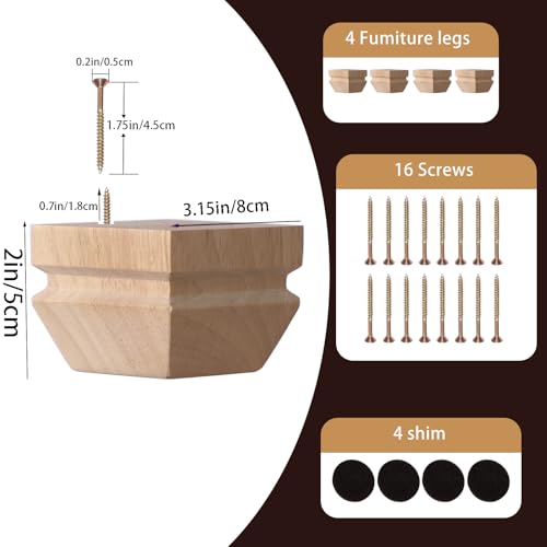 Unfinished Oak Furniture Legs - Heavy Duty Mid Century Solid Wood Replacement Sofa Legs Set of 4 for Couch Bench Bed Dresser Coffee Table (Natural 2" H*3.15" W) - color: Plain Wood Color, size: 2"H*3.15"W (No Hanger Bolt)