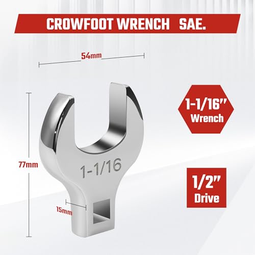 1/2'' Full Polish Drive Jumbo Crowfoot Wrench, Open End Wrench, SAE, 1-1/16'', CR-V Steel, Tools for Mechanics Maintenance or Repairs, Access Fasteners in Tight Spaces Work Hard-To-Reach Areas - size: SAE-1-1/16"