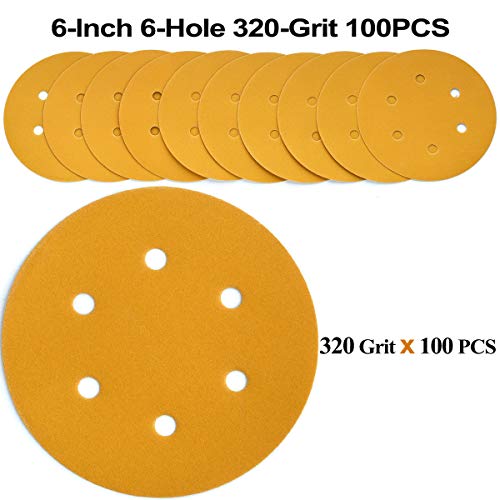 6-Inch 6-Hole Hook and Loop Gold Sanding Discs 320-Grit, 100-Pack - style: 320 Grit