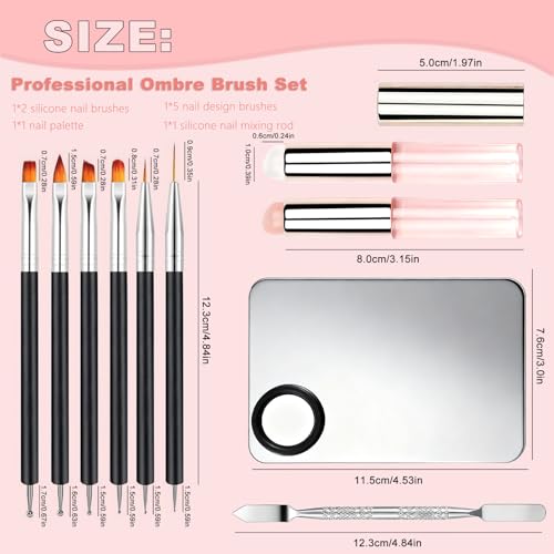 10Pcs Ombre Nail Brush Set, Silicone Chrome Powder Brush for Blooming & Aura Nails, French Tip Manicure, Nail Palette | Mixing Rod | Gradient Painting Pen Acrylic Nails Polish Design Tools