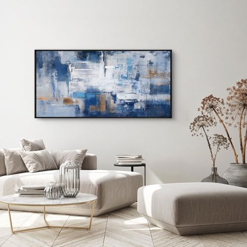 KLAKLA Blue Abstract Canvas Wall Art - Black Frame Artwork Picture Living Room Wall Decor Modern Paintings Large Wall Art for Bedroom Home Decoration - color: Blue-White-Gray + Black frame, size: 40"L x 20"W