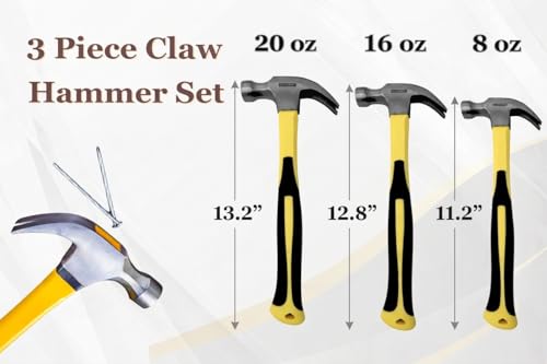 3 Piece Claw Hammer Set (20 oz, 16 oz, 8 oz) – Fiberglass Handle, Anti-Slip Grip, Polished Steel Head – Framing, Carpentry & Home Improvement Tools