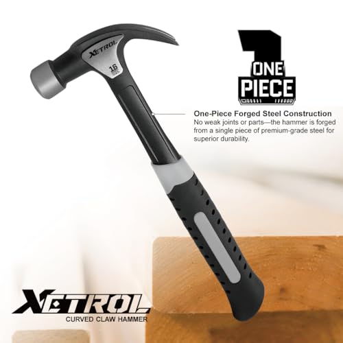 Steel Curved Claw Hammer 16oz, Solid One Piece Steel Heavy Duty Curved Hammer, Shock-Absorbing Handle Design, Ergonomic Comfortable Grip, Enhanced Leverage for Nail Pulling