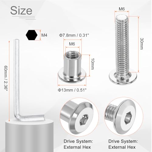 HARFINGTON 10 Set M6x30mm Hex Drive Socket Cap Bolt and M6x10mm Nuts with M4 Hex Wrench, Furniture Connector Bolts and Screws for Furniture Countersunk Belt, Silver - size: M6x30mm, M6x10mm