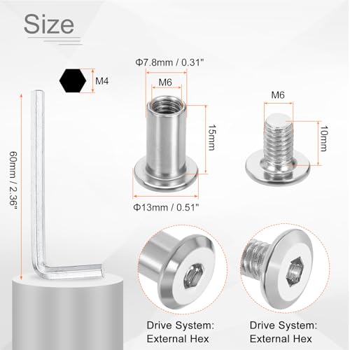 HARFINGTON 10 Set M6x10mm Hex Drive Socket Cap Bolt and M6x15mm Nuts with M4 Hex Wrench, Furniture Connector Bolts and Screws for Furniture Countersunk Belt, Silver - size: M6x10mm, M6x15mm