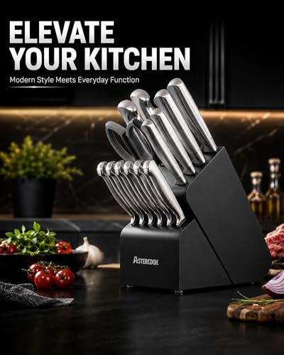 Astercook Knife Set 15 Piece German Steel Kitchen Knife Block Set - color: Midnight Black