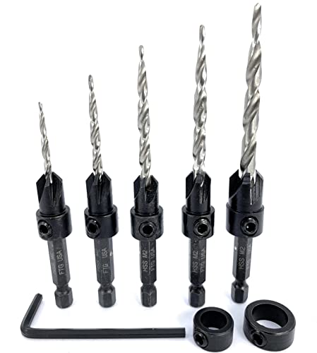 FTG USA 5 Pc Wood Countersink Set #4#6#8#10#12 w/ 2 Depth Stop Collars - size: #4#6#8#10#12, style: with Depth Stop