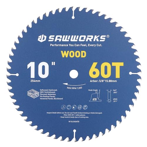 SawWorks 10" 60T Thin Kerf Circular Saw Blade Woodworking Fine Finish, Trim - size: 10 In 60T