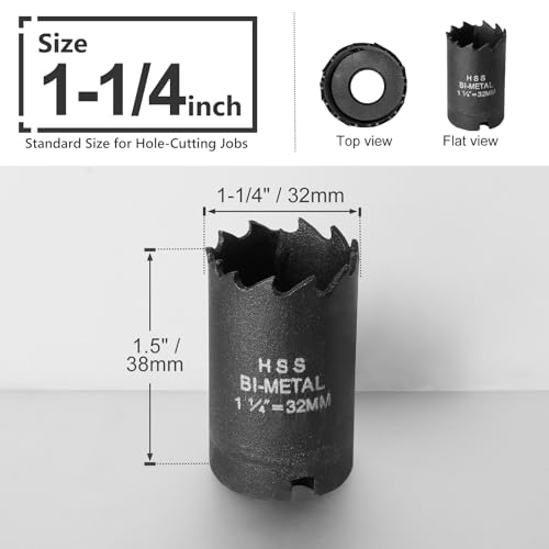 1-1/4 Inch Hole Saw with 1/2" Triangle Shank Quick Change Arbor, JTemgle Bi-Metal Hole Saw Heavy Duty Hole Cutting Tool for Cornhole Boards, Recessed Lights, Wood, Plastic, Drywall & Soft Metal - size: 1-1/4", 38mm Cutting Depth