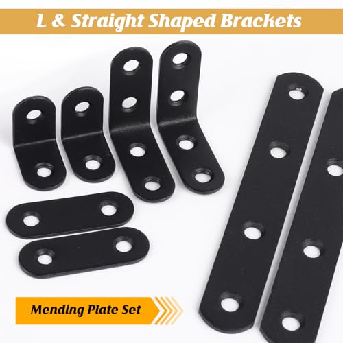 weiwei 48 PCS Stainless Steel L Brackets & Straight Brackets, Multi-Size Angle Bracket Mending Plate, Sturdy Corner Bracket Flat Braces Combo Set with Screws for Wood Shelves Furniture Cabinet DIY - style: Combination 2