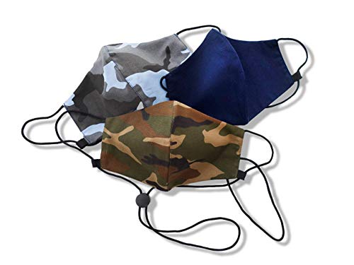 HOPE LOVE SHINE 3-Pack Reusable Face Masks with Lanyard – Camouflage Pattern – Breathable Cotton, Adjustable & Washable Cloth Masks for Adults, Unisex