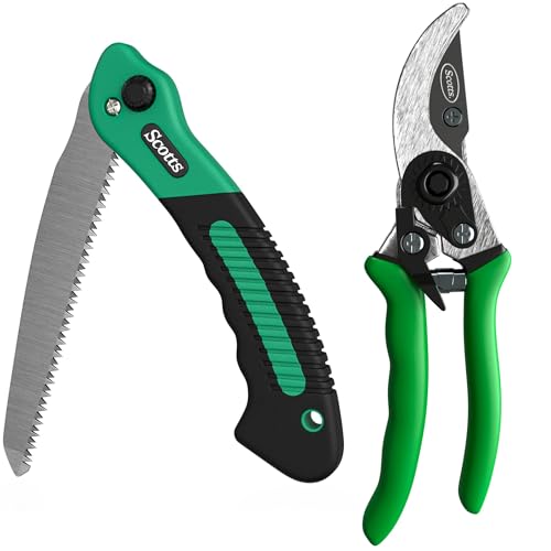 Scotts 2-Piece Pruning Tool Set – Includes 8 in. Bypass Pruning Shears for Live Plants and Soft Stems, and 7.5 in. Folding Saw for Cutting Thick Branches - style: Bypass Pruner & Folding Saw Set
