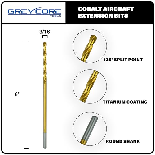 Greycore Tools 3/16 Inch x 6 Inch Cobalt Aircraft Extension Bit – 2 Pack M35 Cobalt Drill Bit, Industrial Titanium Coating – Drill Bits for Steel, Hard Metal, Cast Iron, Wood, Plastic (3/16" x 6") - size: 3/16" x 6", style: 6" Length