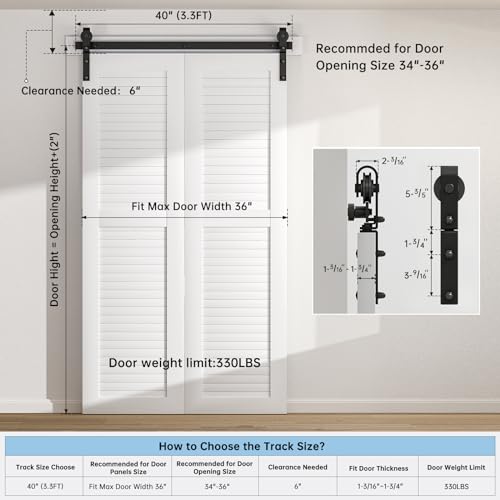 40" Bi-Folding Sliding Barn Door Hardware Track Kit,Smoothly&Quietly,Side Mounted Black Roller,Easy Install,Door Not Included [Fit Double 18" Bifold Doors] - size: 40" for 2 Doors