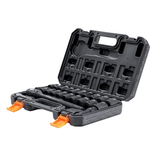 VEVOR 1/2" Drive Impact Socket Set, 23 Piece Socket Set SAE （7/16" -1"）& Metric （13-24mm）6 Point Cr-V Alloy Steel for Auto Repair with Ratchet Handle Rugged Construction Storage Case - size: 1/2" 23 PCS