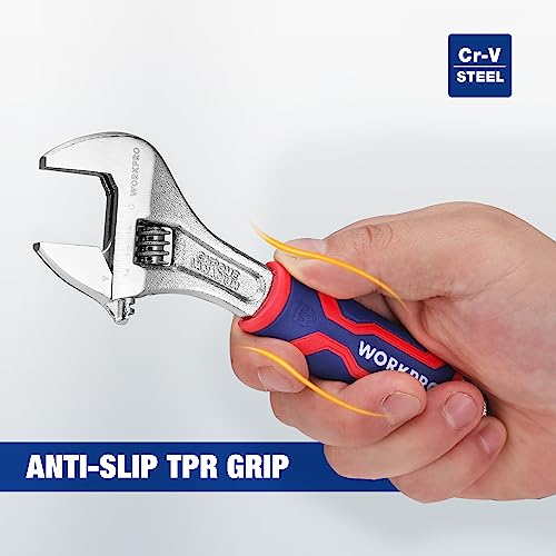 WORKPRO 6-Inch Adjustable Wrench, Wide Jaw, Metric/SAE Scales | Rubber Anti-Slip Grip, Premium Cr-V Steel, Chrome-Plated Finish for Strength and Corrosion Resistance - size: 6 inch