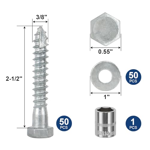 3/8" x 2-1/2" Lag Screws Bolts with Washers(50Pcs) - size: 3/8x2-1/2in