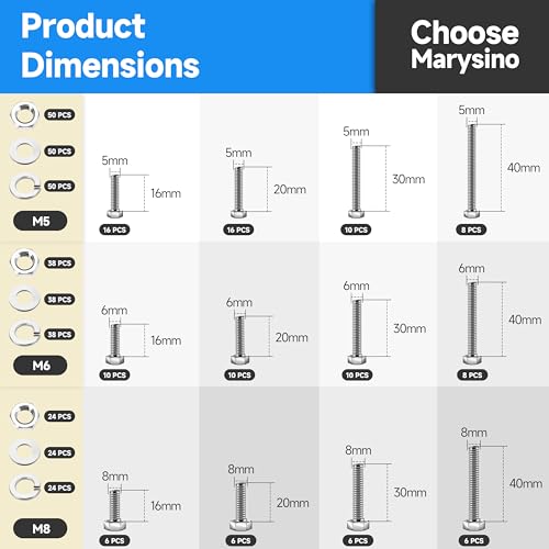 448Pcs Nuts and Bolts Assortment Kit, M5 M6 M8 Bolts Heavy Duty Metric Bolt Assortment Kit, 304 Stainless Steel M5 M6 M8 Bolt, Length 12-30mm Machine Screw by Marysino