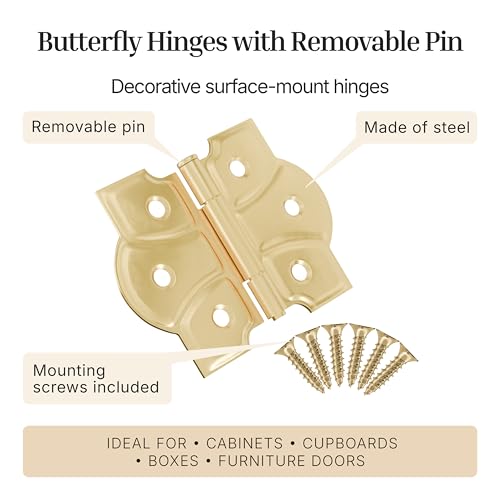 Polished Brass Butterfly Hinges with Removable Pin - Pack of 2 - Surface Mount Cabinet Door Hinges - UA-261-HPB (1) - color: Brass