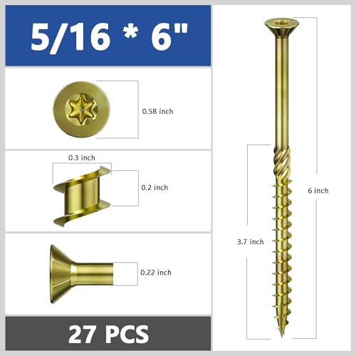 Wensilon 5/16 * 6" Yellow Zinc Deck Screws, (27pcs) 2 lbs.Exterior Wood Screws, Bronze, Star Bit - color: Yellow, size: 5/16*6"