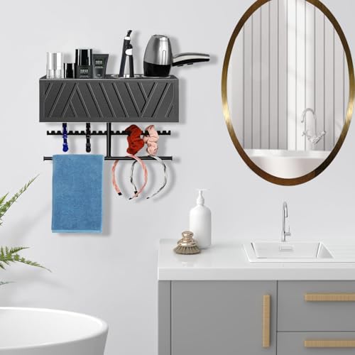 Rustic Hair Dryer Holder Wall Mounted with Towel Rack - color: Black.A