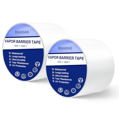 Bghdas 2 Roll, White Vapor Barrier Tape, 4" Wide x 180' Long, PE 9 mm Polyethylene Tape, for Stucco Waterproof Moisture Barriers Seal and Seam, for Crawlspaces, Insulation Repairs & Plastic Liners