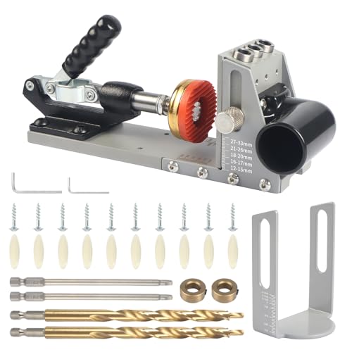 Pocket Hole Jig Kit with Vacuum Dust Collection, All-Metal Pocket Screw Jig with 3/8" Step Drill Bit, Depth Stop Collar, Adjustable Thickness for Woodworking Joinery, Cabinet Building