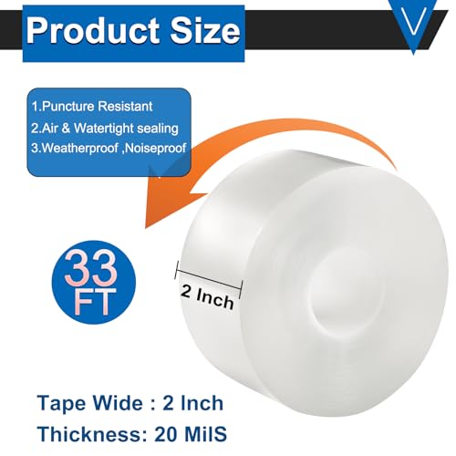 Window Weather Sealing Tape 2 Inch x 33 FT Weather Stripping Residue-Free Clear Window Insulation Caulk Tape for Doors Windows and Shower Glass Gaps Bathroom - size: 2 in x 33 ft x 20 mils