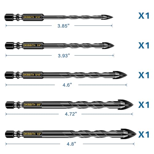 5 Pcs Masonry Concrete Drill Bit Set for Tile Brick Glass Plastic Wood, Tungsten Carbide Tip, Hex Shank, Work with Ceramic Porcelain Tile Wall Mirror Paver 3/16" 1/4" 5/16" 3/8" 1/2" Drill Bit Set - size: 5 Pack Multiple Sizes (3/16"-1/2")
