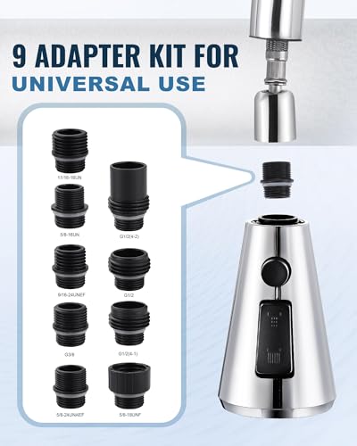 ALEASHA Pull Down Spray Head for Kitchen Faucet,3-Function Sink Spray Nozzle with 9 Adapters,Kitchen Faucet Head Replacement Compatible with American Standard Faucets,Chrome - color: Chrome