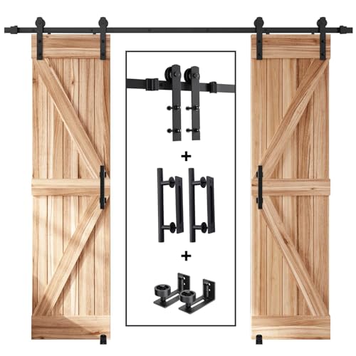 EaseLife 8 FT Double Sliding Barn Door Track and Handle Hardware Kit,Straight Pulley,Slide Smoothly Quietly,Easy Install (8FT Track Kit for 20"~24" Wide Double Door) - size: 8 FT-Double Door Kit