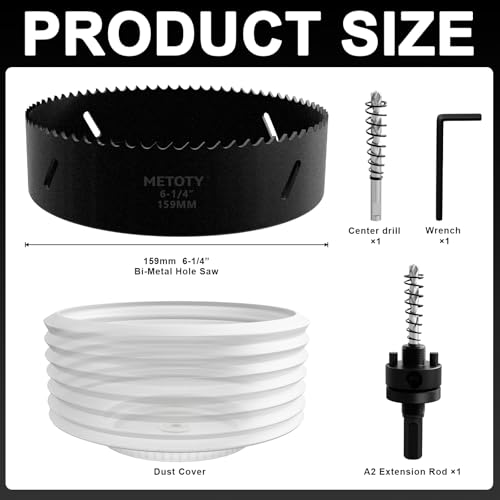 Bi-Metal Hole Saw 6-1/4 Inch with 4-Hole Hollow Center Design & Dust Bowl Catcher – 159mm Hole Cutter for Recessed LED Lights, Cuts Wood, Metal & Drywall, Ideal for Lighting Installation - size: 6-1/4" & BLK