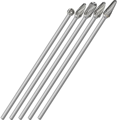 Sworker 5Pcs Long Carbide Burr Set 1/4" Shank Total L 6.2" Die Grinder Bits Rotary Rasp Attachment Cut Port Grind Metal Cast Iron Steel Aluminum Cylinder Head Engine Intake Exhaust Manifold Tight Area - size: 1/4x6.2"Shank,5Pcs