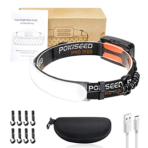 LED Headlamp Rechargeable, Super Bright 1500 Lumens 230° Wide Beam Headlamp, 3 Modes IPX6 Waterproof Lightweight Head Light with Taillight & Clips for Camping, Running,Fishing, Outdoors, Hard Hat Work