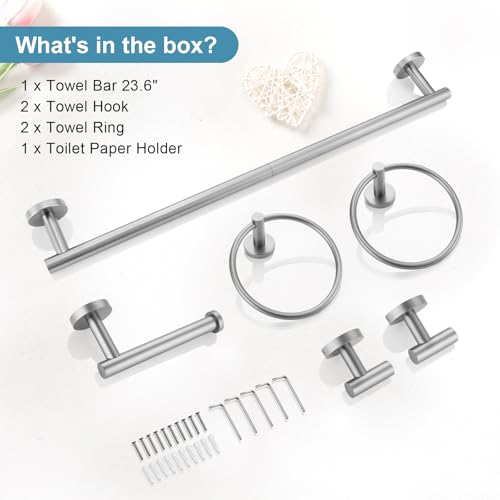 TQKAG Brushed Nickel Bathroom Hardware Set, 6-Piece Towel Bar Set 23.6 Inch - color: Brushed Nickel, size: 6-Pieces Set