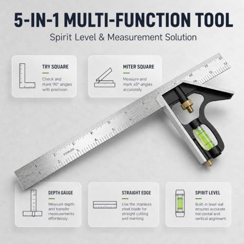 12 Inch Combination Square – Adjustable Carpenter Square with Stainless Steel Ruler, Aluminum Head, Bubble Level & Scriber – Metric/Inch Scale, 90° & 45° Layout Tool for Woodworking, Framing & DIY