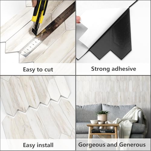 Vamos Tile Glossy Wood Marble Grain Backsplash Tile Peel and Stick, 12.8 x 12.8 Inch 10 Sheets Long Hexagon PVC Self Adhesive Mosaic Wall Tiles Stick on Backsplash for Kitchen and Bathroom - color: Glossy Wood Marble Pinkish Grain