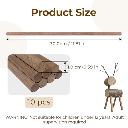 3/8 x12 Inch (Φ 10mm x L 305mm) Long Walnut Wooden Dowel Rods, Hardwood Dowels,Natural Round Walnut Wood for Crafts,Woodworking,Building Models and DIY Projects(10 Pcs/Pack)