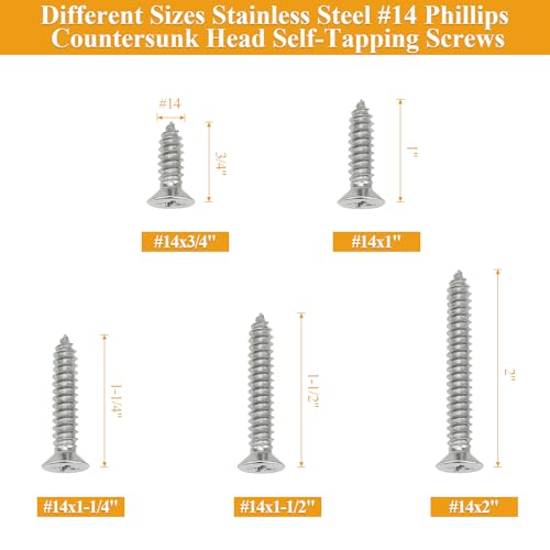 55 Pieces #14 x 3/4" 1" 1-1/4" 1-1/2" 2" Wood Screws Set, Phillips Countersunk Head #14 Self-Tapping Screws Assortment Kit, 304 Stainless Steel - size: #14, style: Phillips Countersunk Head