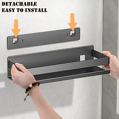 Stainless Steel Wall Mounted Floating Shelves, Drill-Free Adhesive or Screw In, Rustproof Bathroom Organizer & Kitchen Spice Storage Rack, Detachable Metal Display Shelf for Living Room, Gray