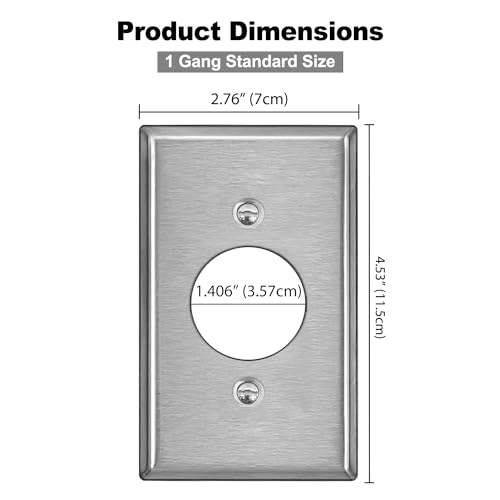 BESTTEN 2 Pack 1-Gang 1.406" Hole Metal Wall Plate for Single Receptacle - color: Brushed Stainless Steel