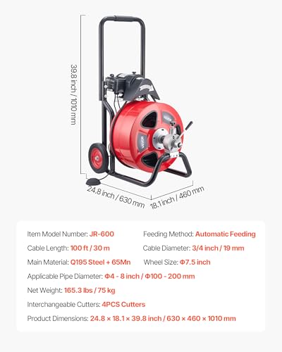 VEVOR Drain Cleaner Machine 100 FT x 3/4 Inch Auto Feed Sewer Snake Auger - style: 100 FT x 3/4''