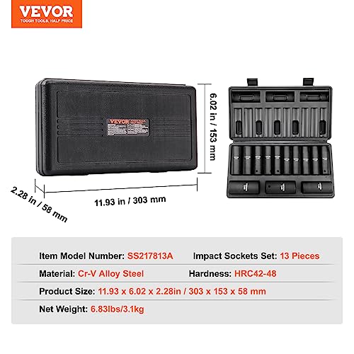 VEVOR 1/2" Drive Impact Socket Set, 13 Piece Deep Socket Set Metric 10-24mm, 6 Point CR-V Alloy Steel for Auto Repair, Easy-to-Read Size Markings, Rugged Construction, Includes Storage Case - size: 1/2" 13PCS Deep