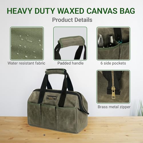 15 Inch Tool Bag, Heavy Duty Wide Mouth Water-Resistant Tool Bag, Tool Tote with Handle for Tools, Wrenches, Screwdrivers (15 X 7.8 X 11.5 inch) | ArmyGreen - color: ArmyGreen, size: 15 Inch