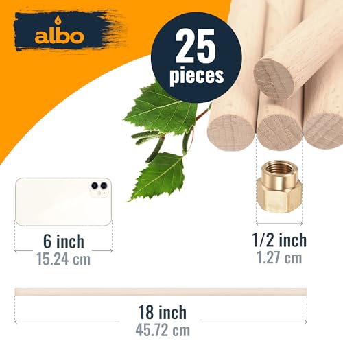 ALBO 1/2" x 18" Wooden Dowel Rods Set - 25 Pack Birch Natural Thin Hardwood Craft Rods Joinery Hangers Curtain Holders Sanded Smooth Material Woodworking Furniture Bulk Professional - size: 1/2" x 18" 25 Pcs