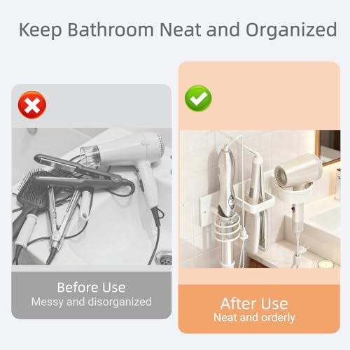 Hair Dryer Holder Wall Mounted Blow Dryer Holder Curling Iron Holder Straightener Holder 3 in 1 Bathroom Metal Hair Tool Organizer Rack（White） - color: White